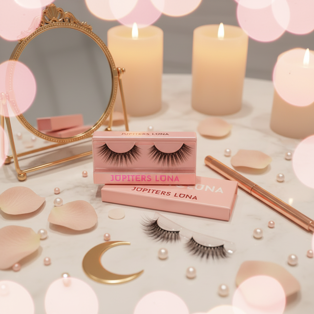 Luna Luxe Mink Eye Lashes - vanity lifestyle shot on cream marble with open lash box, gold mirror, rose petals and crescent moon prop