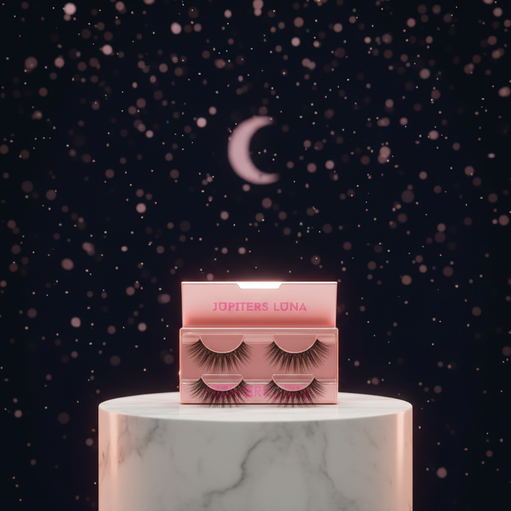 Luna Luxe Mink Eye Lashes - improved hero shot with open lash box and mink lashes on marble pedestal against midnight navy backdrop with blush stardust