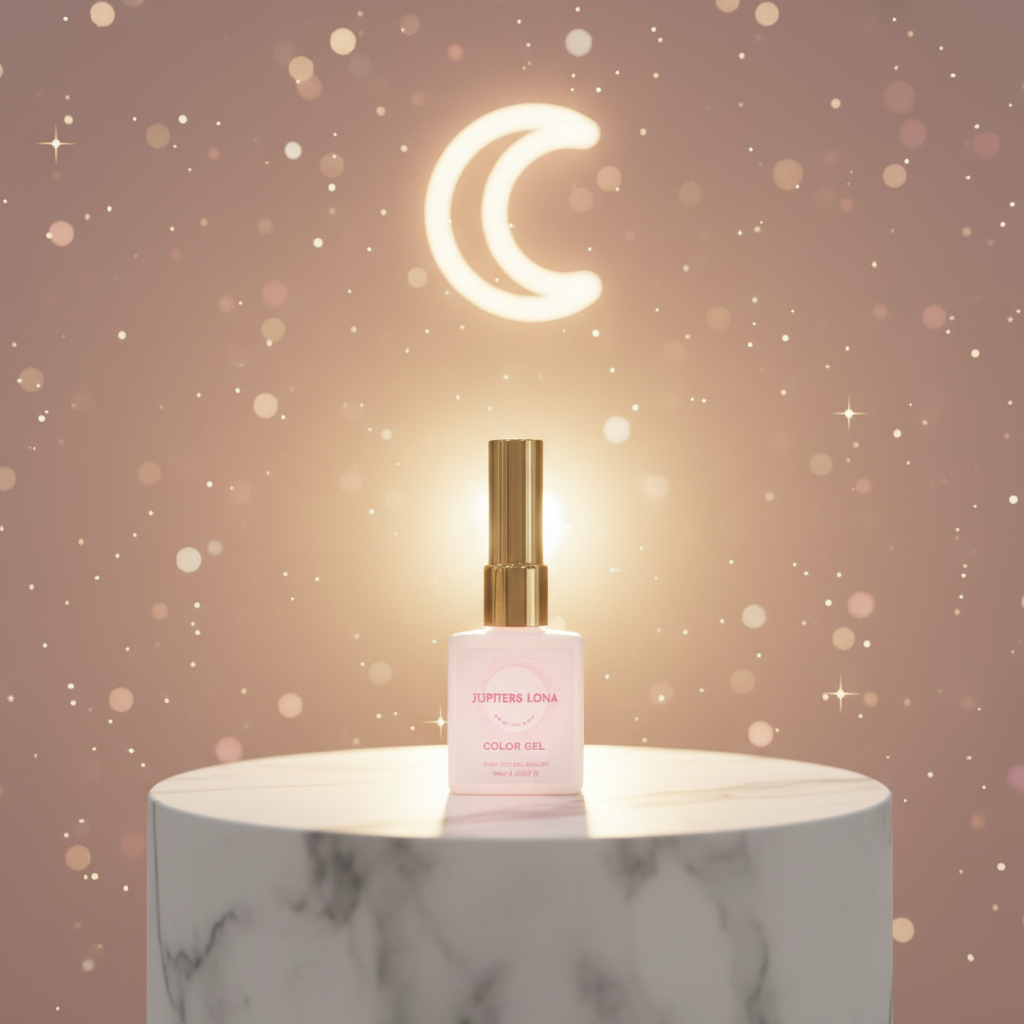 Luna Luxe Gel Nail Polish - improved hero shot on marble pedestal with glowing gel polish and blush pink celestial backdrop