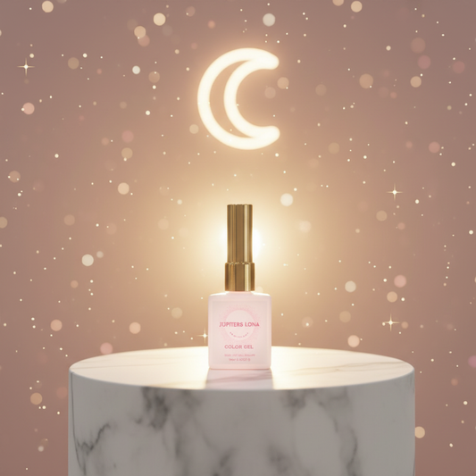 Luna Luxe Gel Nail Polish - improved hero shot on marble pedestal with glowing gel polish and blush pink celestial backdrop