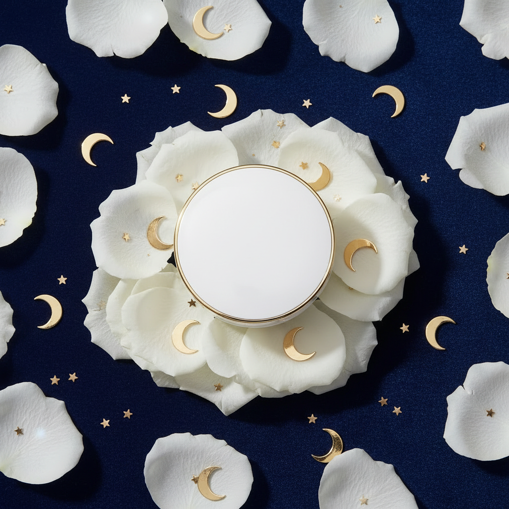Luna Luxe Cushion Foundation – flat lay with rose petals and moon charms
