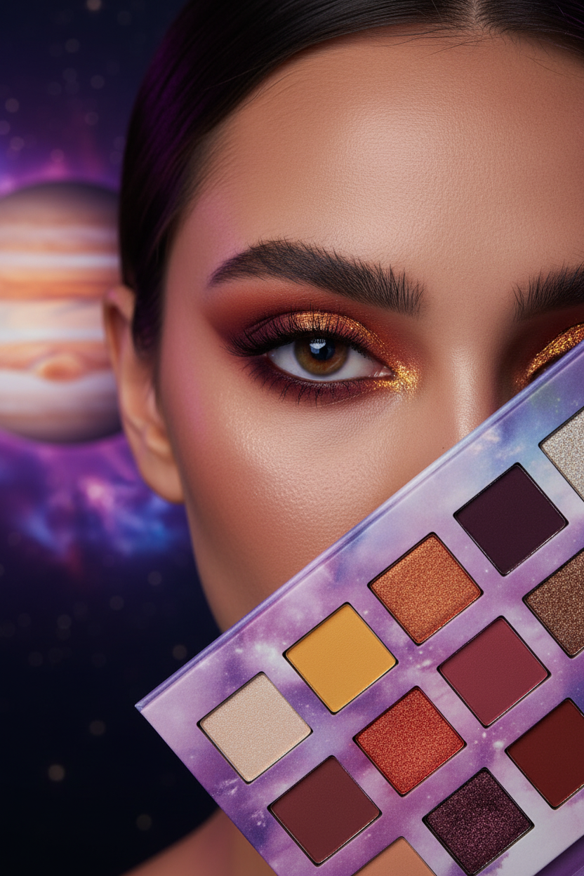 Luna Luxe 18-Shade Eyeshadow Palette – Jupiter & Moons Collection – lifestyle cosmic warm smoky eye shot