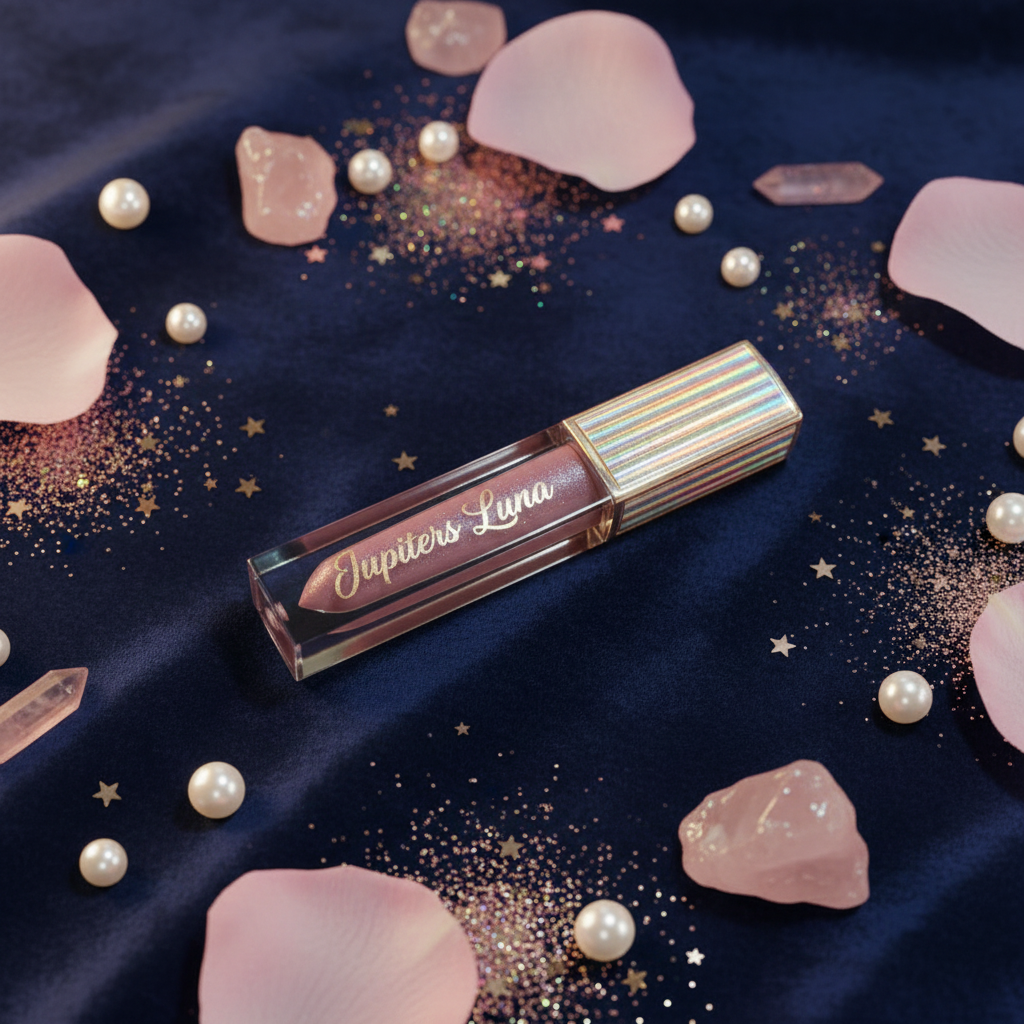 Luna Luxe Starry Lipgloss: 3-in-1 Shine – rose quartz and pearl flat lay