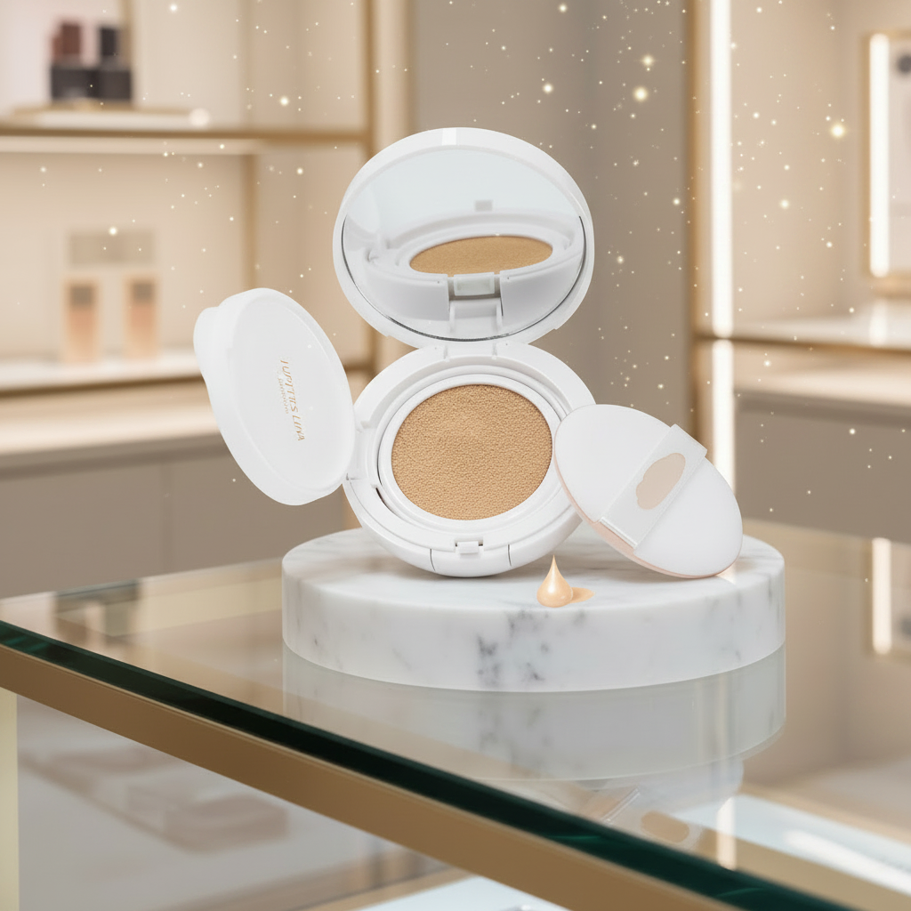 Luna Luxe Cushion Foundation - celestial hero shot on marble pedestal with golden light