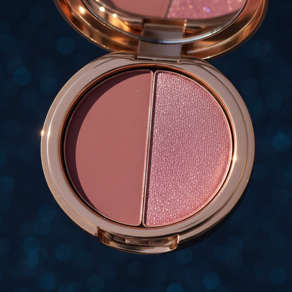 Luna Luxe Duo Eyeshadow Palette - shade close-up with matte mauve and shimmer berry pans in warm golden light