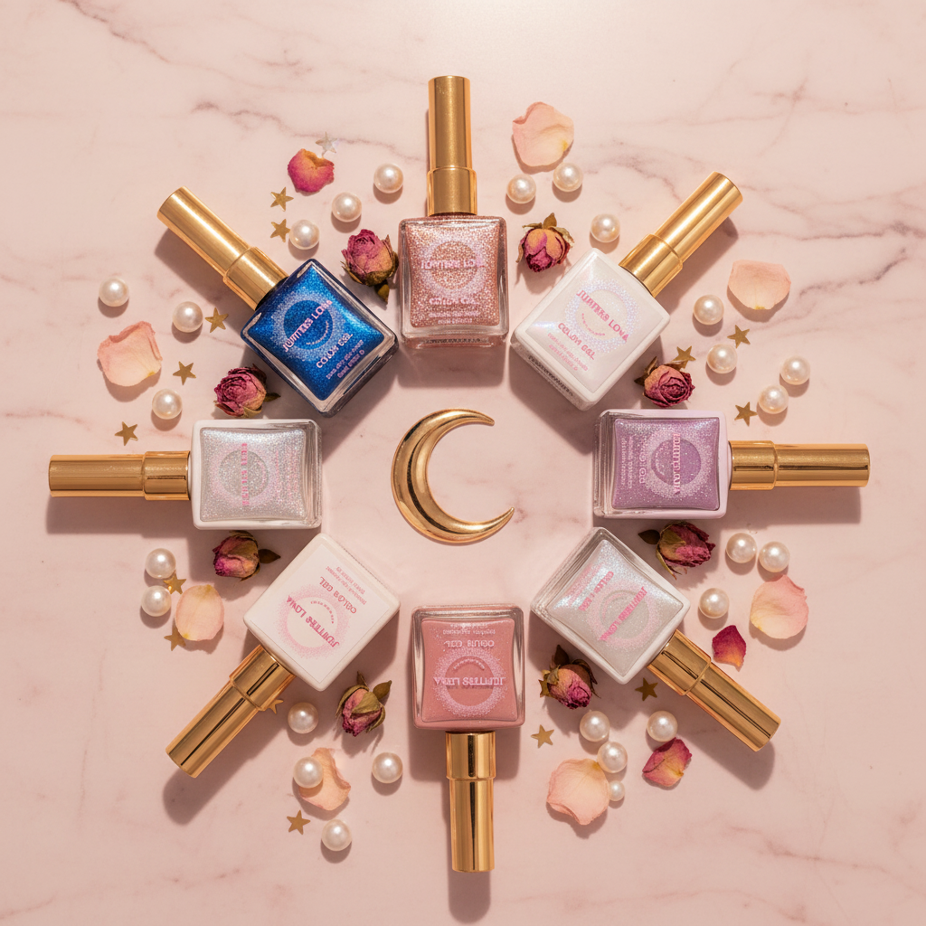 Luna Luxe Gel Nail Polish - flat lay on blush marble with all 8 bottles, pearl beads and gold celestial props