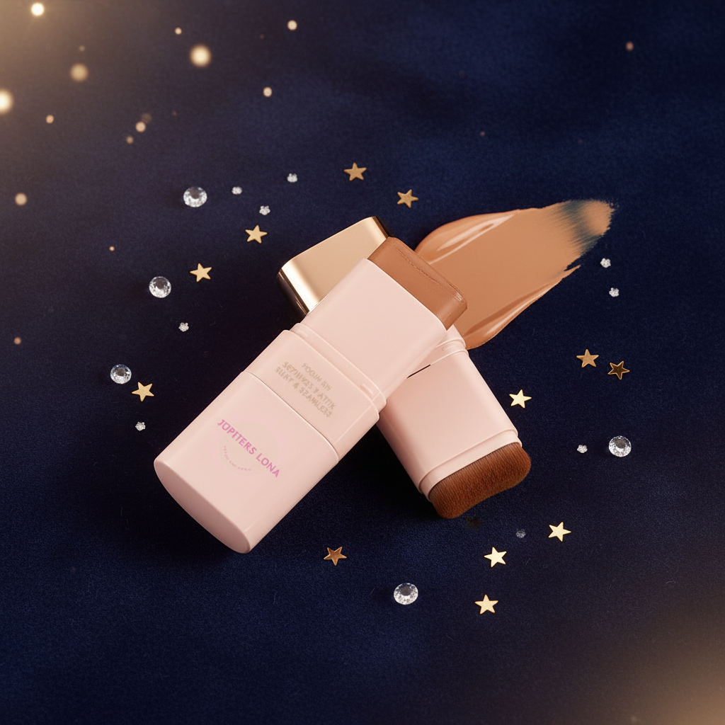 Luna Luxe Foundation Stick – celestial flat lay with star confetti and crystals
