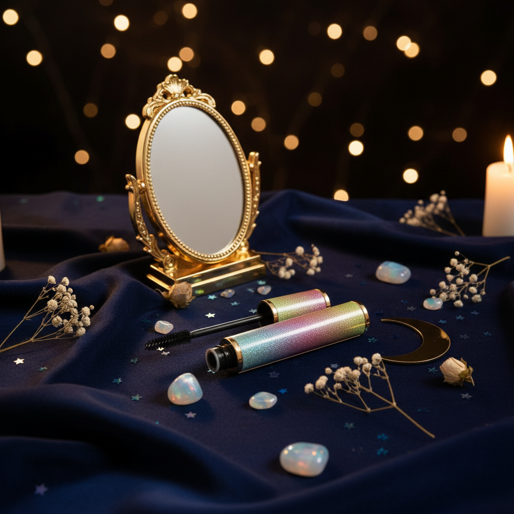 Luna Luxe Volumizing Mascara - vanity lifestyle shot with gold mirror and celestial props