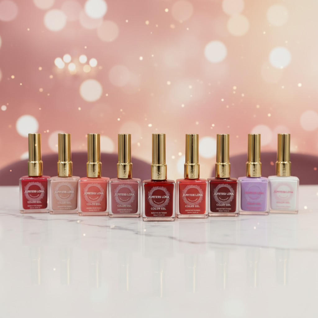 Luna Luxe Gel Nail Polish - collection hero shot with all 8 shades in elegant arc on white marble