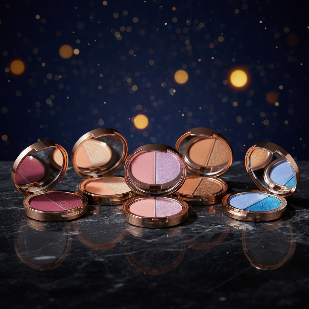 Luna Luxe Duo Eyeshadow Palette - collection hero shot with all 5 colorways open on dark marble with celestial backdrop