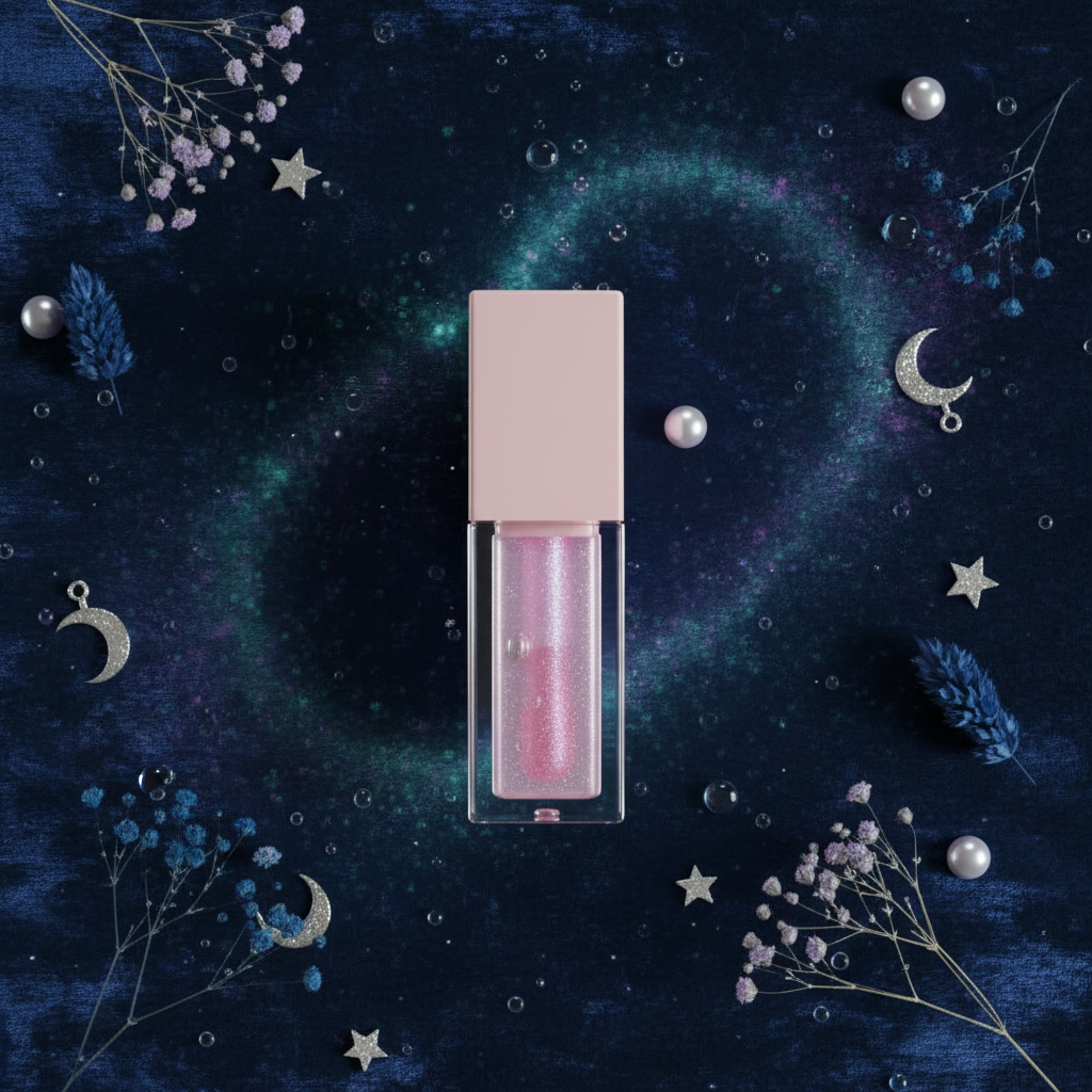 Luna Luxe Ocean Of Stars Lip Gloss – ocean-inspired flat lay with star charms and florals
