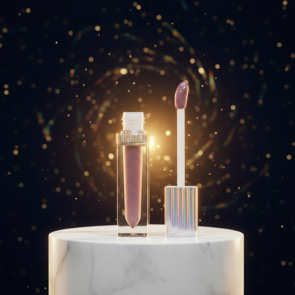 Luna Luxe Starry Lipgloss: 3-in-1 Shine – close-up gloss wand and tube macro shot