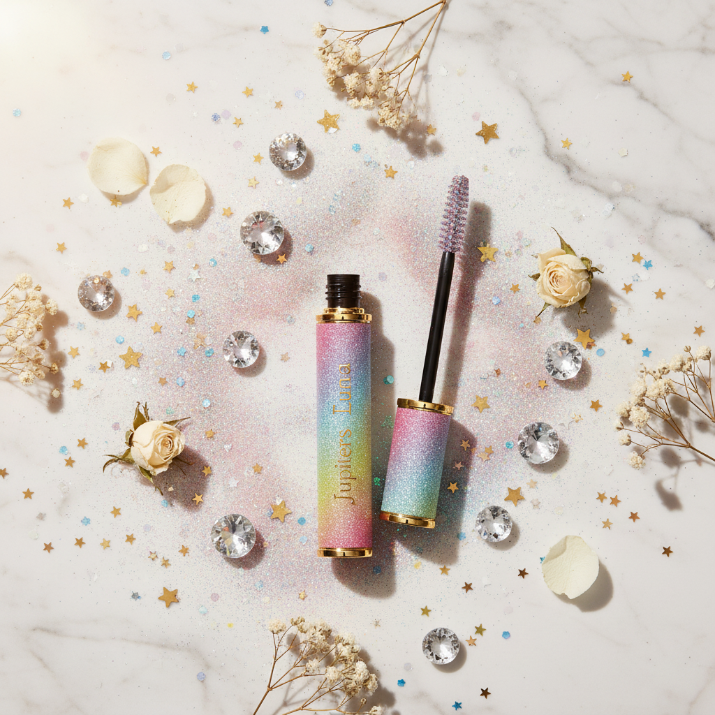 Luna Luxe Volumizing & Lengthening Mascara – white marble and crystal flat lay