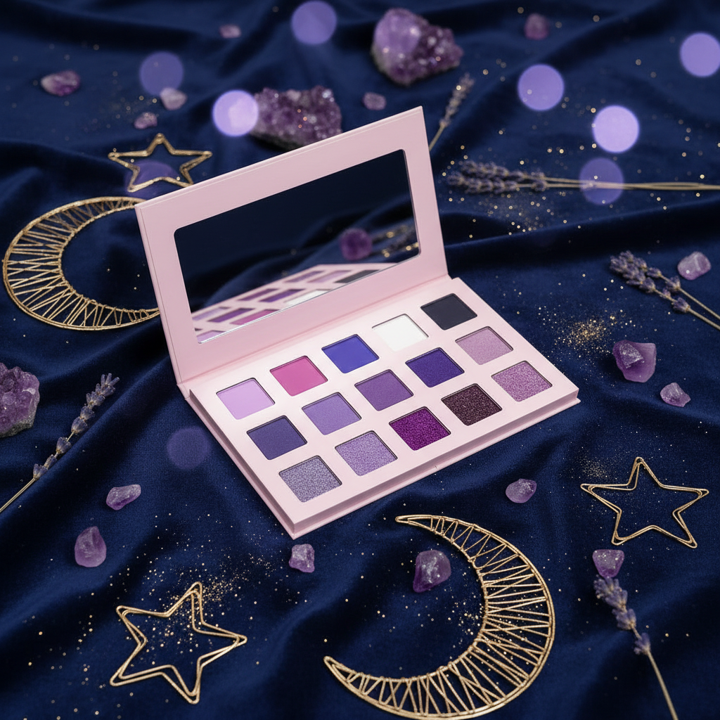 Luna Luxe Cosmic Purple 15 Shade Eyeshadow Palette – celestial flat lay with amethyst crystals and violet florals