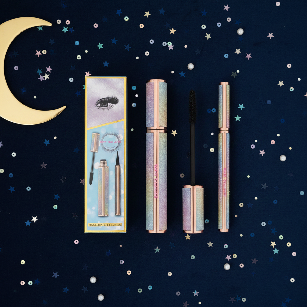 Luna Luxe Mascara and Eyeliner Duo - flat lay on navy velvet with gift box, pearl beads and gold crescent moon prop