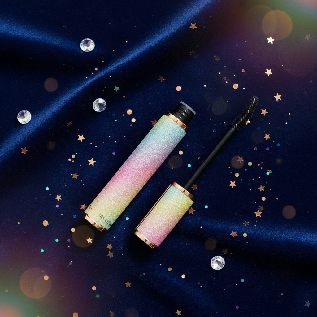 Luna Luxe Mascara – holographic flat lay with glitter and crystals