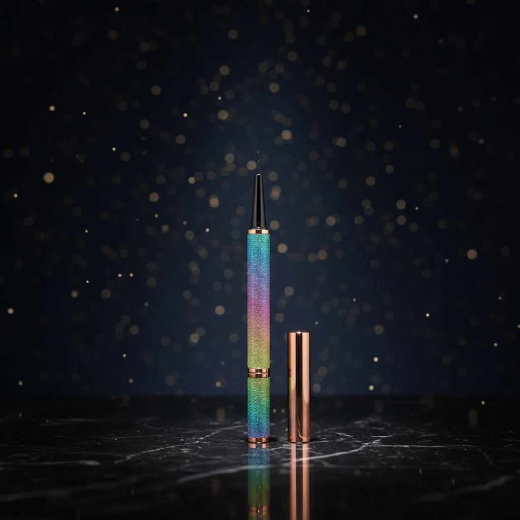 Luna Luxe Precision Liquid Eyeliner - hero shot on dark marble with celestial backdrop