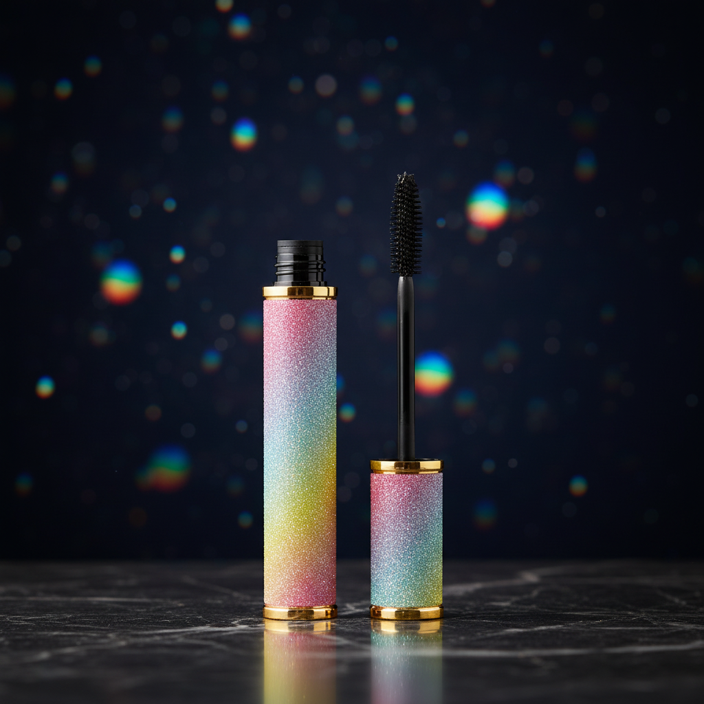 Luna Luxe Volumizing Mascara - celestial hero shot on dark marble with iridescent stardust backdrop