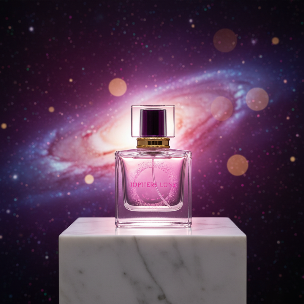 Luna Luxe Nebula Nectar Eau de Parfum - improved hero shot on marble pedestal with glowing pink nebula and cosmic purple galaxy backdrop