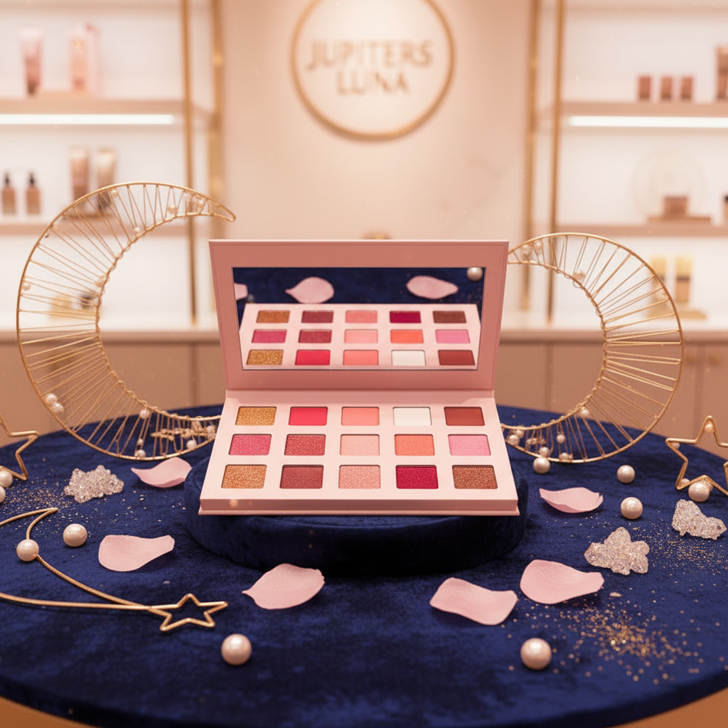 Luna Luxe Cosmic Pink 15 Shade Eyeshadow Palette – celestial flat lay with gold moon props and rose petals