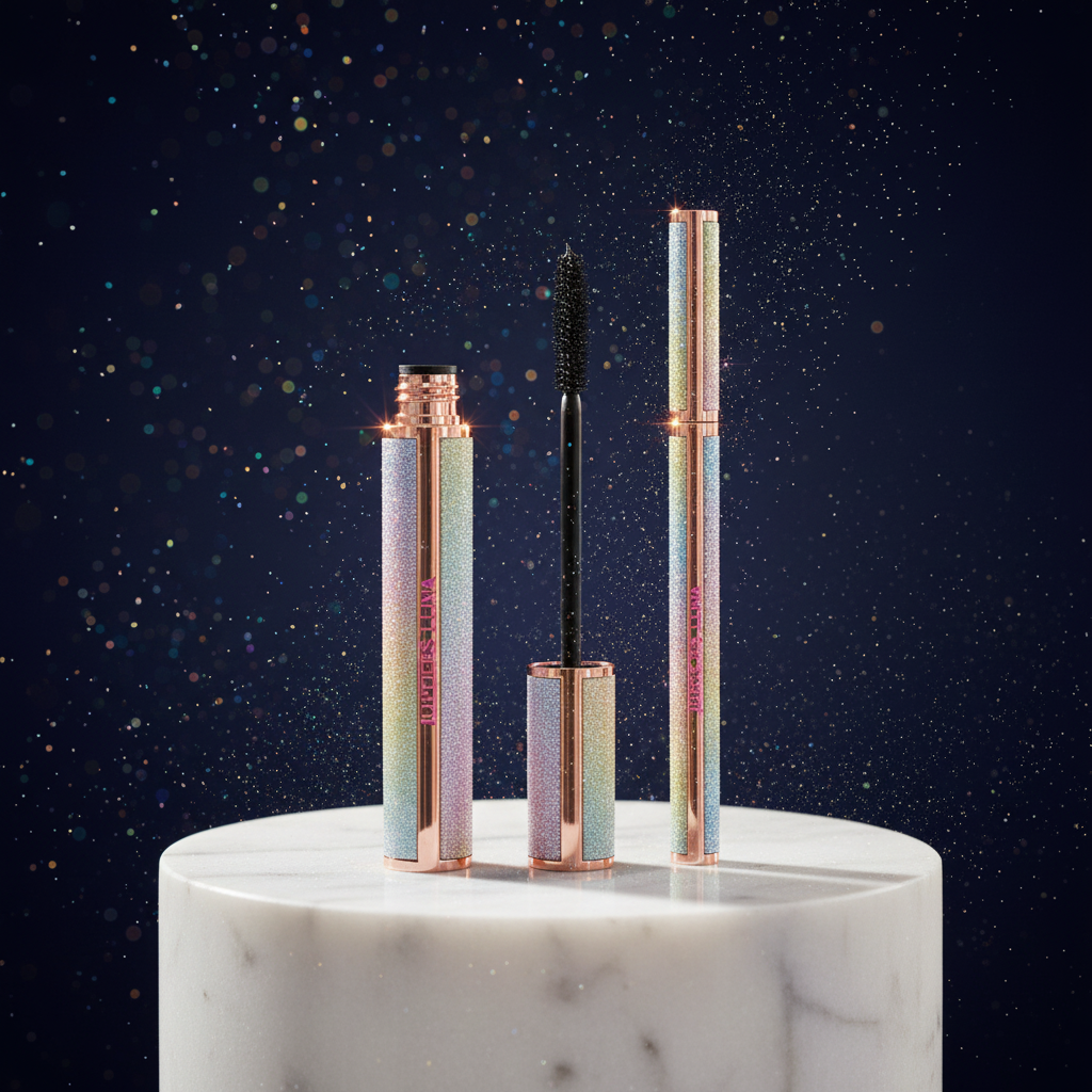 Luna Luxe Mascara and Eyeliner Duo - improved hero shot on marble pedestal with holographic glitter tubes backlit against midnight navy backdrop
