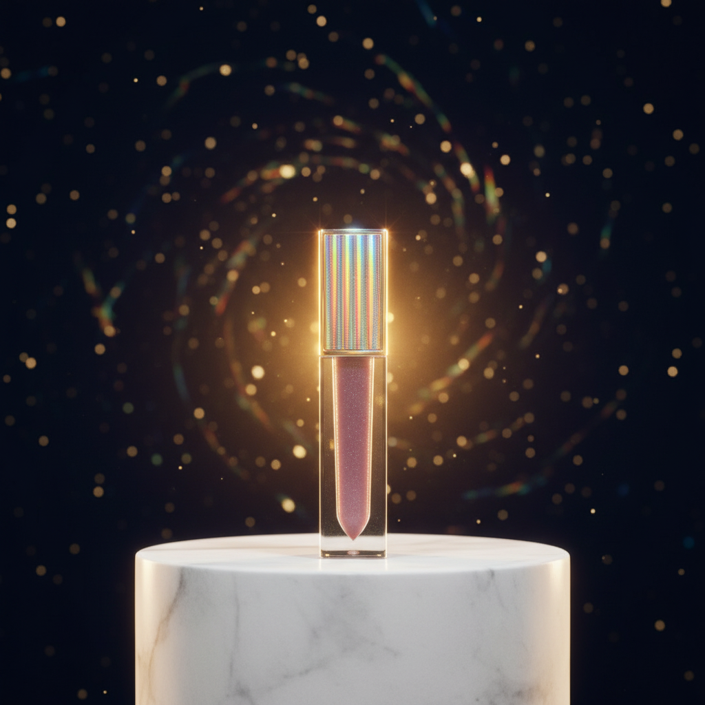 Luna Luxe Starry Lipgloss - improved hero shot on marble pedestal with iridescent holographic cap refracting rainbow light against starry midnight navy backdrop