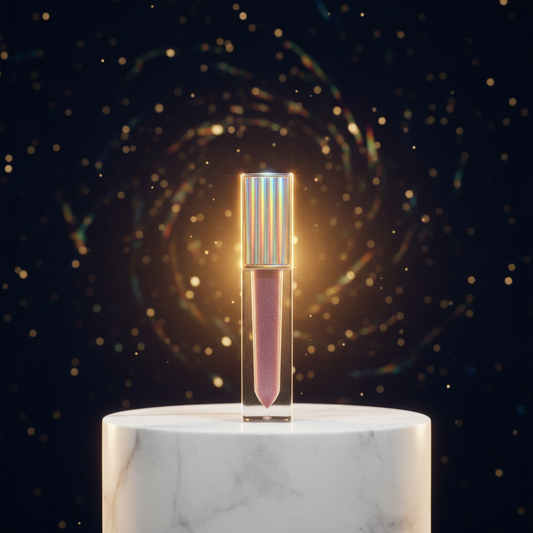 Luna Luxe Starry Lipgloss - improved hero shot on marble pedestal with iridescent holographic cap refracting rainbow light against starry midnight navy backdrop