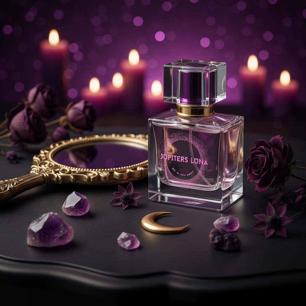 Luna Luxe Nebula Nectar Eau de Parfum - vanity lifestyle shot with gold mirror and dark purple florals