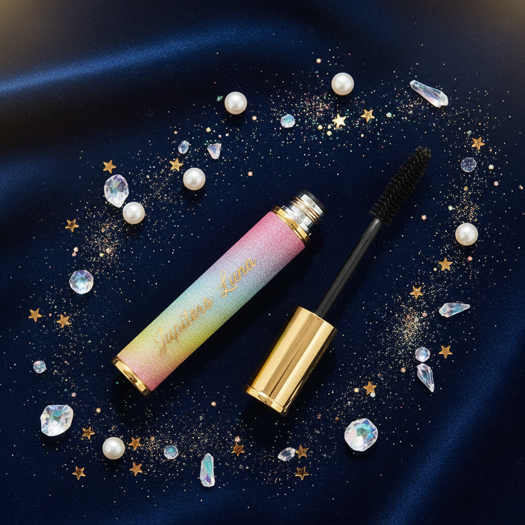 Luna Luxe Volumizing & Lengthening Mascara – Long-Wearing – crystal and rainbow glitter flat lay