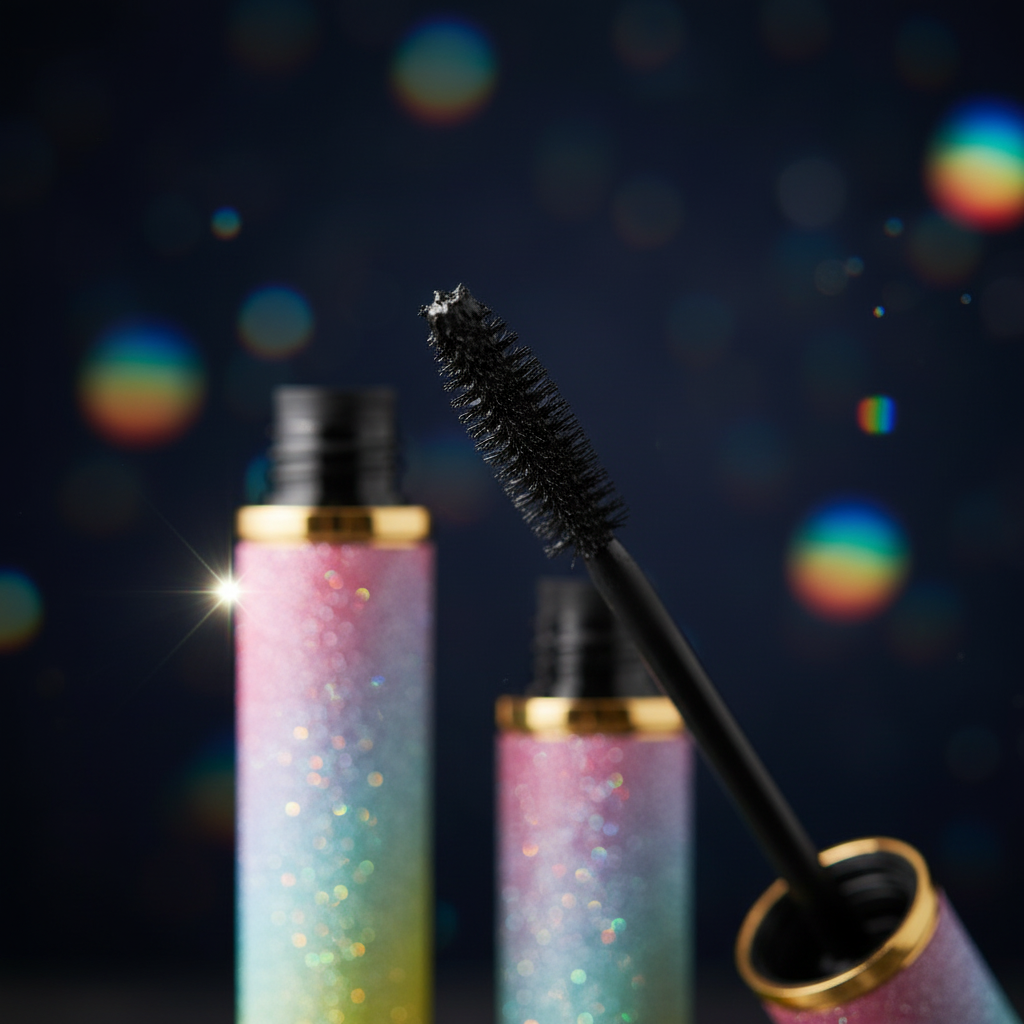 Luna Luxe Volumizing Mascara - wand close-up with glossy black formula and iridescent glitter tube