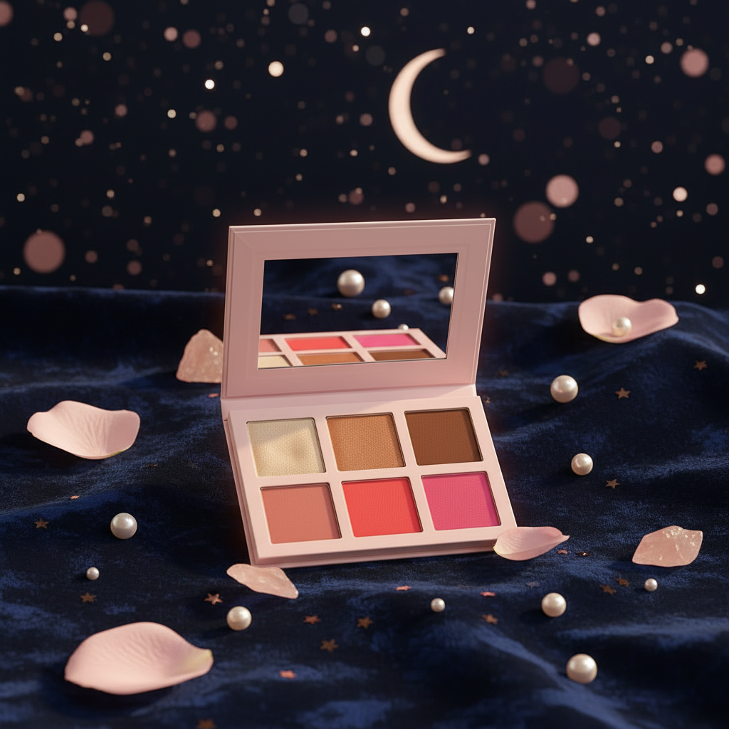 Luna Luxe 6 Shade Blush Palette – rose quartz and pearl flat lay