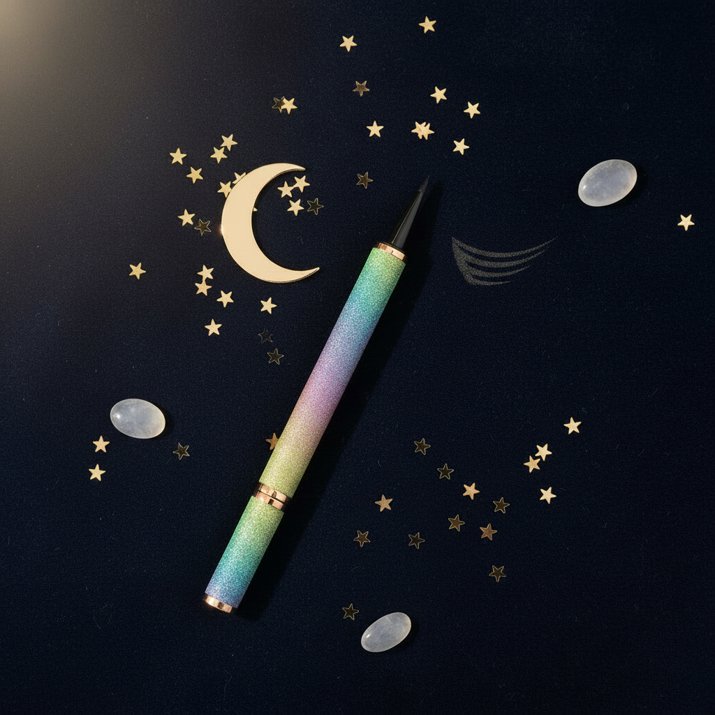 Luna Luxe Precision Liquid Eyeliner – gold crescent moon and moonstone flat lay